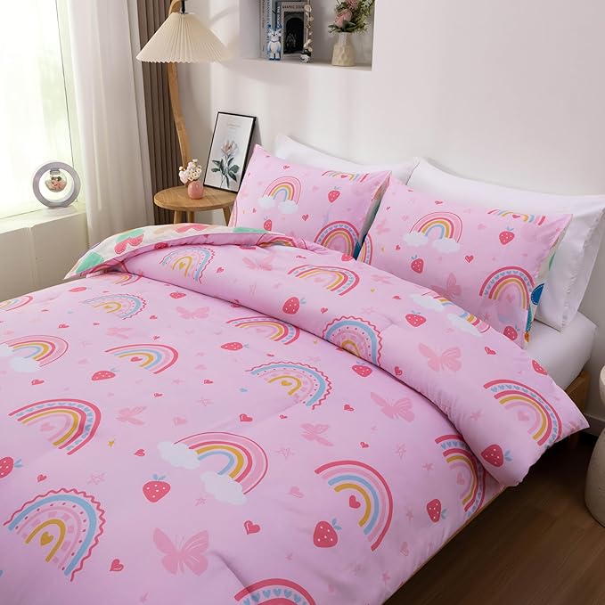 Btargot Lightweight Soft 3 Piece Rainbow Comforter Set with 2 Pillow Covers, Cartoon Butterfly Leaves Flowers Bedding Set for Girls Boys Kids, Twin Pink
