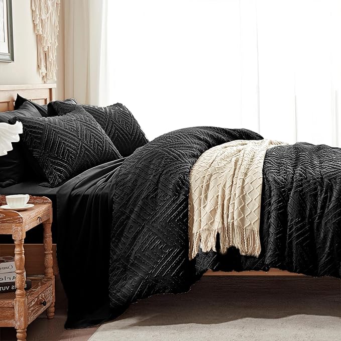 Zzlpp Twin Comforter Set 5 Pieces, Black Tufted Bed in a Bag with Comforter and Sheets, All Season Boho Bedding Sets with 1 Comforter, 1 Pillow Sham, 1 Pillowcase, 1 Flat Sheet, 1 Fitted Sheet