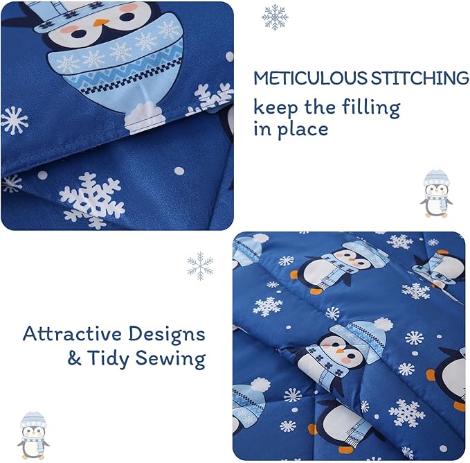 JSD Penguin Snowflakes Kids Christmas Comforter Set Full Size, 3 Piece Xmas Printed Microfiber Bedding Set, Machine Washable