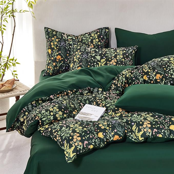 Wake In Cloud - Floral Duvet Cover Set, Shabby Chic Cottage Garden Botanical Flower Style with Elegant Wildflower Pattern, Soft Lightweight Bedding, 3 Pieces, Dark Green, Full Size