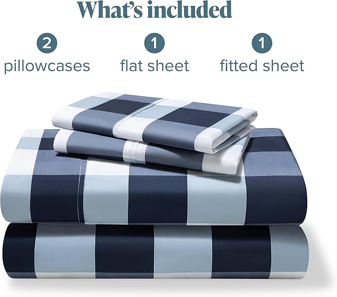 Bare Home Split Head Flex King Sheet Set - 1800 Ultra-Soft Microfiber Double Brushed - Deep Pockets - 4 Piece Set - Bedding Sheets & Pillowcases (Split Head Flex King, Gingham Blue)