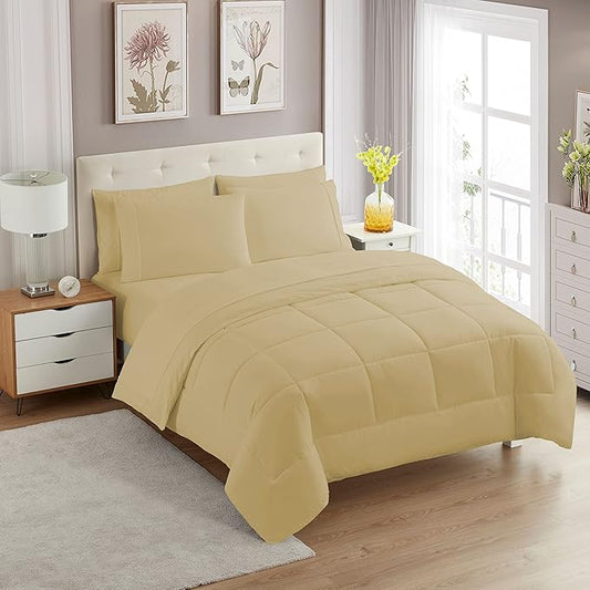 Sweet Home Collection 7 Piece Comforter Set Bag Solid Color All Season Soft Down Alternative Blanket & Luxurious Microfiber Bed Sheets, Camel, Full