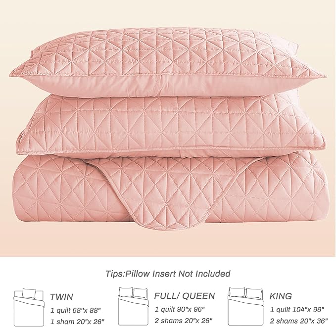 Exclusivo Mezcla Quilts Queen Size Bedding Set with Stitched Grid Pattern, Lightweight Summer Pink Bedspreads Coverlets Bed Cover for All Seasons (1 Quilt and 2 Pillow Shams)