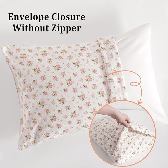 NTBAY 2 Pack 100% Natural Jersey Cotton Toddler Pillowcases, Super Soft and Breathable Travel Pillow Cases with Envelope Closure for Nursery, 13x18 Inches, Pink and White Floral
