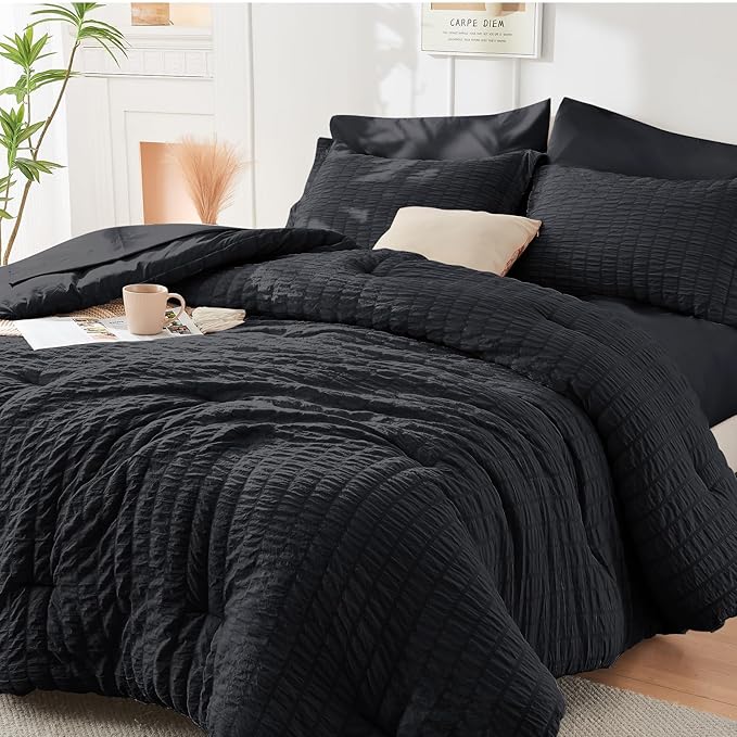 HYMOKEGE Black Twin Comforter Set Seersucker 5 Pieces, All Season Luxury Bed in a Bag for Bedroom, Bedding Set with Comforters, Sheets, Pillowcase & Sham