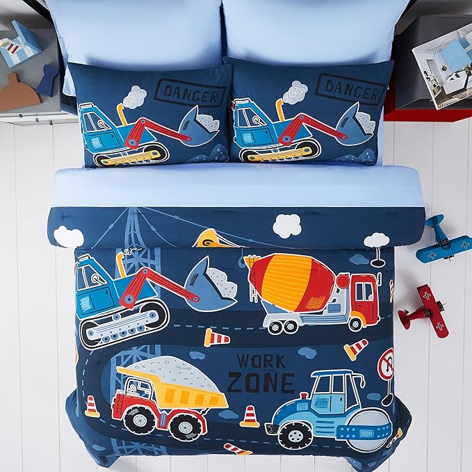Full Kids Comforter Set - 7 Pieces Full Bedding Sets for Boys Teen, Glow in The Dark Truck Tractor Excavator Bed in A Bag with Sheets