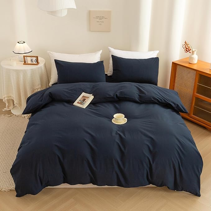 ECOCOTT Navy Blue Duvet Cover Twin Size - 100% Washed Cotton Durable Soft Comfy Duvet Cover Set, 3 Pieces Duvet Cover with Zipper Closure (Navy Blue, 68''x90'')