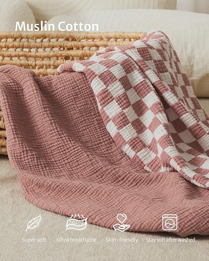 Blissful Diary Muslin Bassinet Sheets for Baby Girls Boys, Boho Soft Cotton Fitted for Oval Hourglass Rectangle Mattress, 2 Pack(Dusty Pink Checkboard & Dusty Pink)