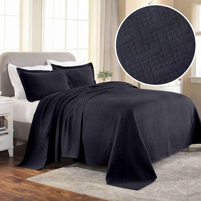 Superior 3 Piece Basketweave Cotton Bedspread Set, Home Bed Decor, Decorative Bed Spread, 2 Pillow Shams, Medium Weight Blanket, Matelasse Coverlet Bedding, Geometric Lattice Pattern, Queen, Navy Blue