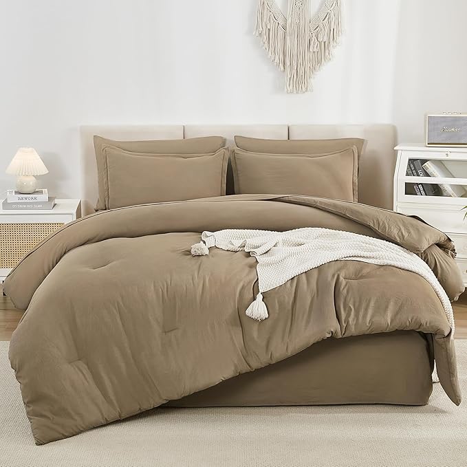 Litanika California King Comforter Set Taupe - 7 Pieces Bed in a Bag Cal King Bedding Comforter Sets, Plain Lightweight Bed Set with Comforter, Sheets, Pillowcases & Shams