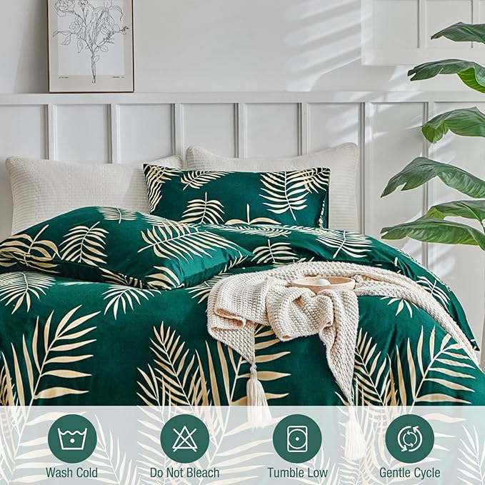 Lekesky Queen Duvet Cover Set, Green and Gold Tropical Palm Leaf Pattern Comforter Cover Queen Size, 3 Pieces Soft Microfiber Bedding Sets with Zipper & 2 Pillowcases, Green