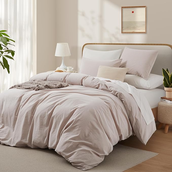 LOVQUE Bedding Duvet Cover Queen Size, 100% Washed Cotton Linen Like Natural Bedding Set with Zipper Closure (No Comforter), 90x90, Light Linen Grey