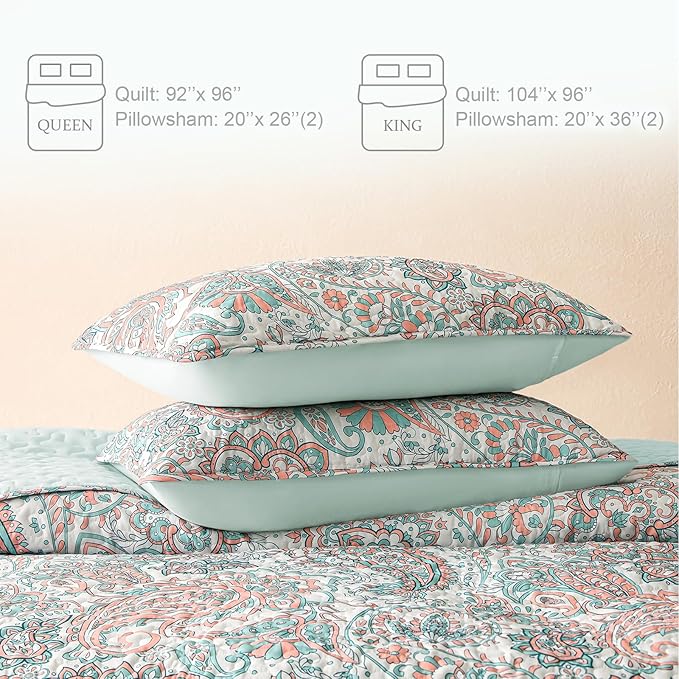 Exclusivo Mezcla Reversible Boho Quilts King Size, Aqua Bedspreads Lightweight Coverlet All Season Paisley Quilt Bedding Set with Printed Floral Pattern (1 Quilt, 2 Pillow Shams)