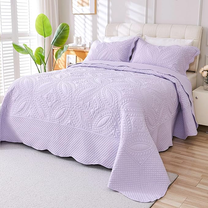 Cmfshape Oversize King Bedspread 128"x120",3 Piece California King Quilt,Lightweight Lavender Bed Quilt Set for All Season,Modern Coin Pattern Bedding Set