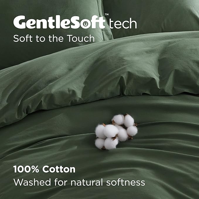 Bedsure 100% Washed Cotton Duvet Cover Full Size - Olive Green Minimalist Cotton Duvet Cover Linen Like for All Seasons - GentleSoft™ Plain Simple Bedding (Olive Green, Full, 80"x90")