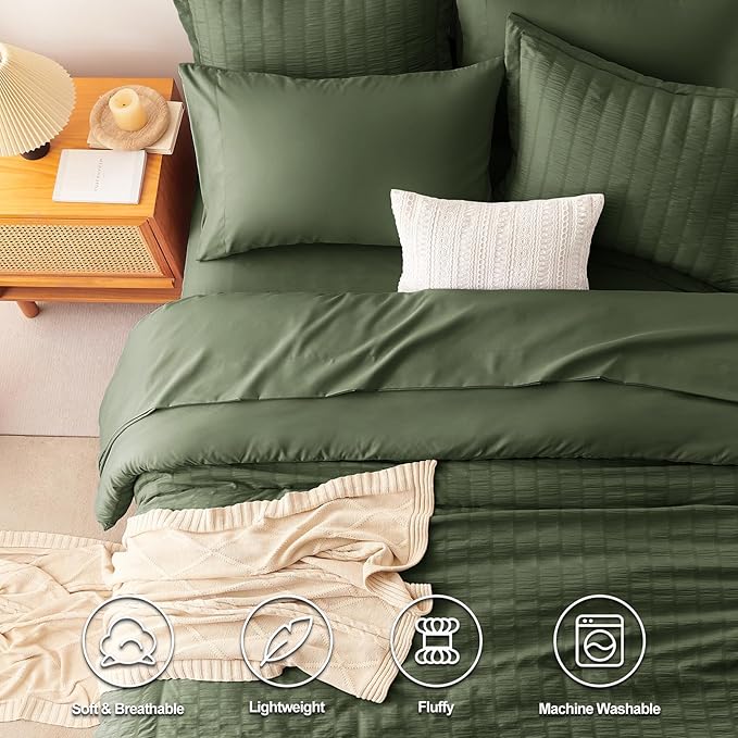 CozyLux Twin Comforter Set with Sheets 5 Pieces, Olive Green Seersucker Textured Bed in a Bag, Luxury Soft Bedding Set with Down Alternative Comforter, Sheets, Pillowcases & Shams for All Seasons