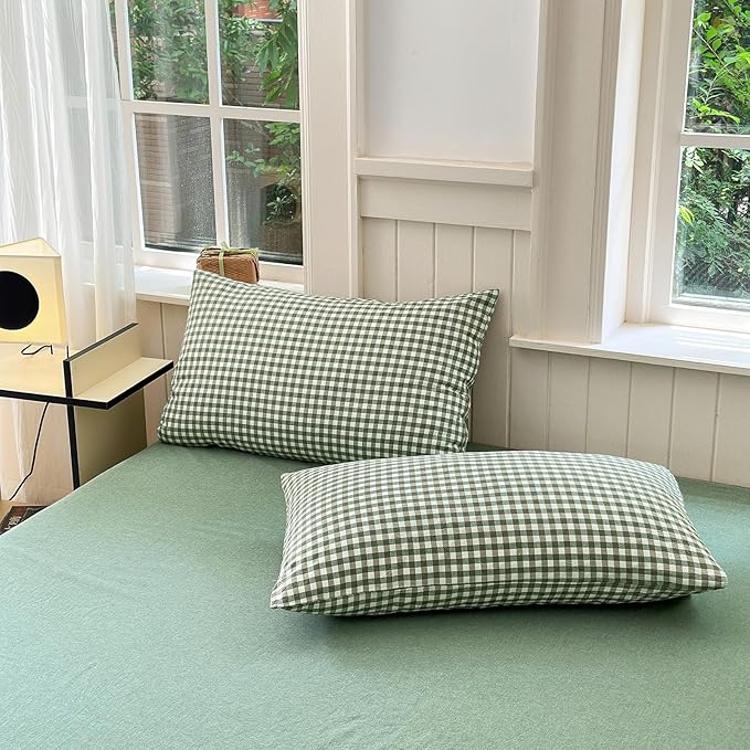 LifeTB Green Gingham Duvet Cover Twin 100% Washed Cotton Modern Plaid Duvet Cover 3 Pieces Green Checkered Grid Comforter Cover with 2 Pillowcases Luxury Soft Green Plaid Bedding Set Twin Breathable