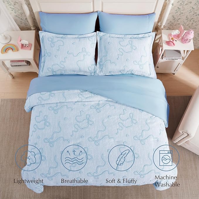 Geniospin Light Blue Queen Comforter Set for Girls- 7 Pieces Bowknot Jacquard Bed in A Bag Queen Bedding Sets with Sheets, Pillowcases & Shams, All Season Kids Comforter Set
