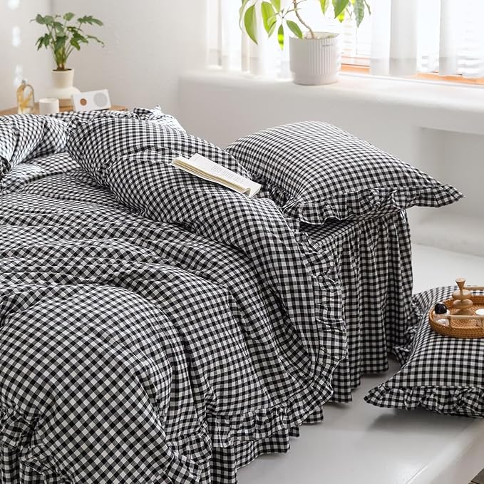 mixinni Black White Gingham Ruffle Duvet Cover Twin Size 3 Pieces – 100% Washed Cotton, Vintage Plaid Ruffled Bedding Set with Zipper Ties, Soft Checkered Grid Farmhouse Chic Comforter Cover Set