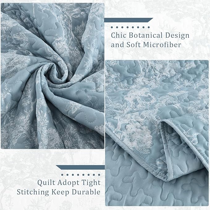 WONGS BEDDING Botanical Quilt Set Queen Size, Aqua 3 Pieces Toile Floral Plants Printed Bedspread Bedding Set Soft Lightweight Microfiber Coverlet Set for All Season (96"x90")