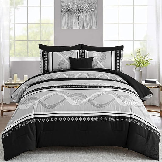 Anibedding Black Comforter Set California King Size,8 Pieces Boho Bed in a Bag Patchwork Striped Comforter Set, Soft Microfiber Bedding Set for All Season(104"x96")