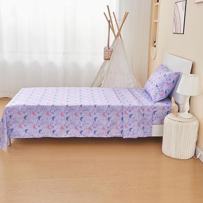 Kids Sheet Set Twin Size 3 Pcs, Girls Sheet Set with Floral Butterfly Pattern，Kids Twin Fitted Sheet，Breathable & Silky Soft Microfiber Fitted Sheet