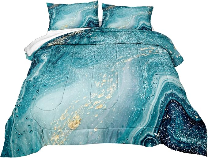 Bedbay Blue Marble Comforter King Size Blue and Gold Marble Bedding Set for Women Adults Western Bedroom Decor Aesthetic Watercolor Quilt Set 3 Pcs Soft Microfiber Duvet Set