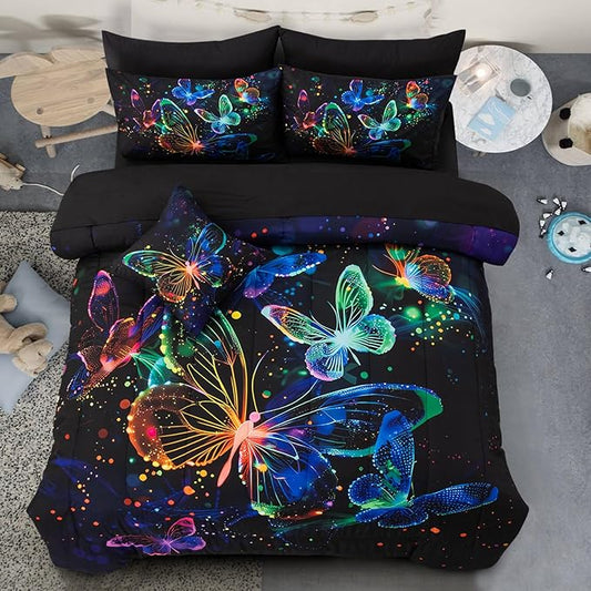 A Nice Night Galaxy Bedding Sets,3D Butterfly Flying in Space Printed,Like Glitter Butterflies 6pcs Bed in a Bag Full Comforter Set, for Girls Boys Kids Teens