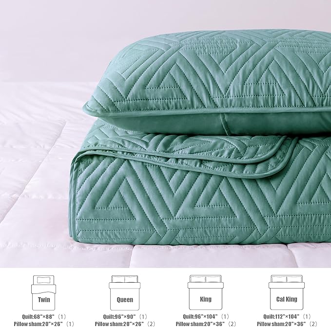 Whale Flotilla Soft Queen Size Quilt Set for All Seasons, 3-Piece Ultrasonic Geometric Quilts Bedding Set, Lightweight Reversible Bedspread, Coverlet, Bed Cover with 2 Pillow Shams, Turquoise Green