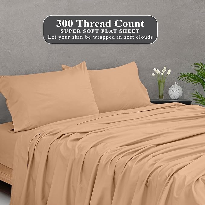 Royale Linens 300 Thread Count 100% Long Staple Combed Cotton Flat Sheet - Super Soft - Top Sheets - Full Flat Sheet Sold Separately - Breathable, Cool & Crisp Percale Sheets Only (Full, Sand)