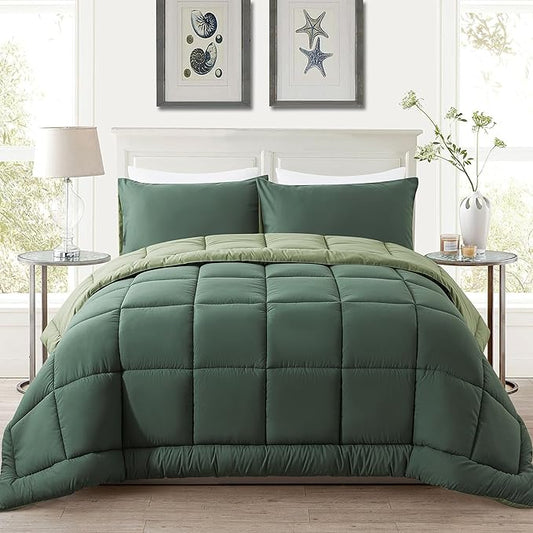DOWNCOOL King Size Comforter Set -All Season Bedding Comforters Sets with 2 Pillow Cases -3 Pieces Bed Set Down Alternative King Bedding Set -Double Green King Comforter Set(102"x90")