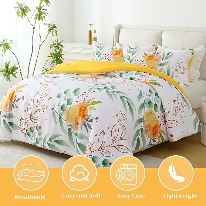King Comforter Set Yellow 3 Pieces Bed in a Bag, Floral Bedding Sets Elegant Botanical Bed Set Lightweight Soft Comforter with 2 Pillowcases for All Season