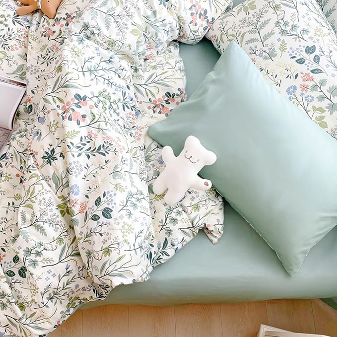 HighBuy Girl Peach Green Flower Duvet Cover Full Soft Cotton Botanical Floral Bedding Set Full Green Garden Cottagecore Comforter Cover with 2 Pillowcases Teen Bedding Sets Ultra Soft