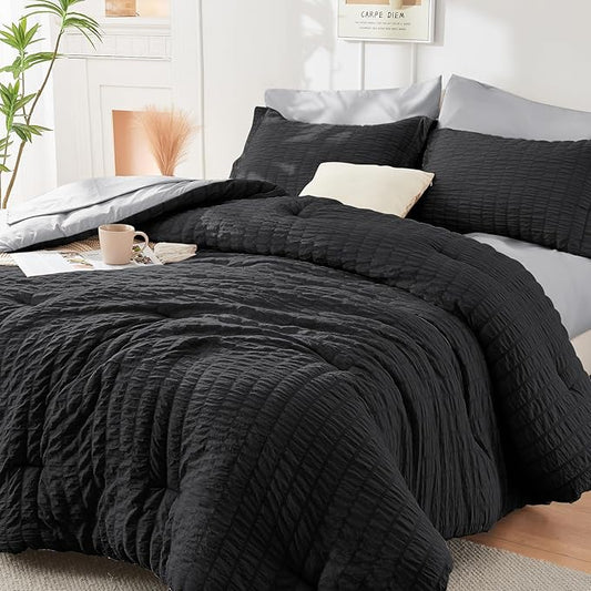 HYMOKEGE Black/Light Grey King Size Comforter Set Seersucker 7 Pieces, All Season Luxury Bed in a Bag for Bedroom, Bedding Set with Comforter, Sheets, Pillowcases & Shams
