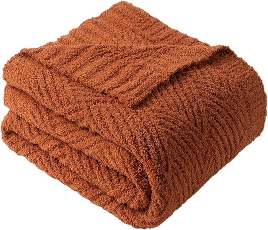 Battilo Fall Decor Caramel Diamond Knit Throw Blanket for Couch and Bed, Soft Textured Chenille Rust Orange Blanket, Cozy Lightweight Decorative Blanket for Sofa, 50"x60"