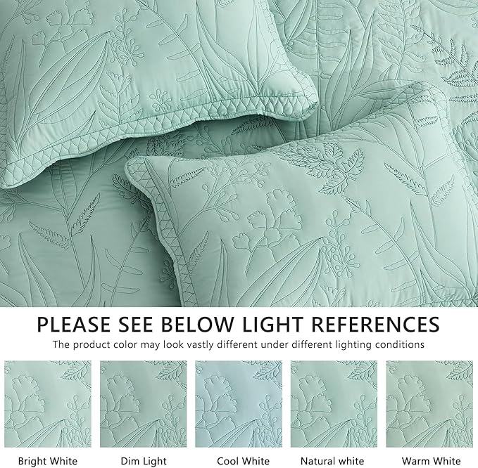 Botanical Bedspread Full Size - Leaves Pattern Stitching Quilt Set - Elegant & Fresh Style Bedding Coverlets, Reversible, Lightweight, 5 Piece, Seaglass