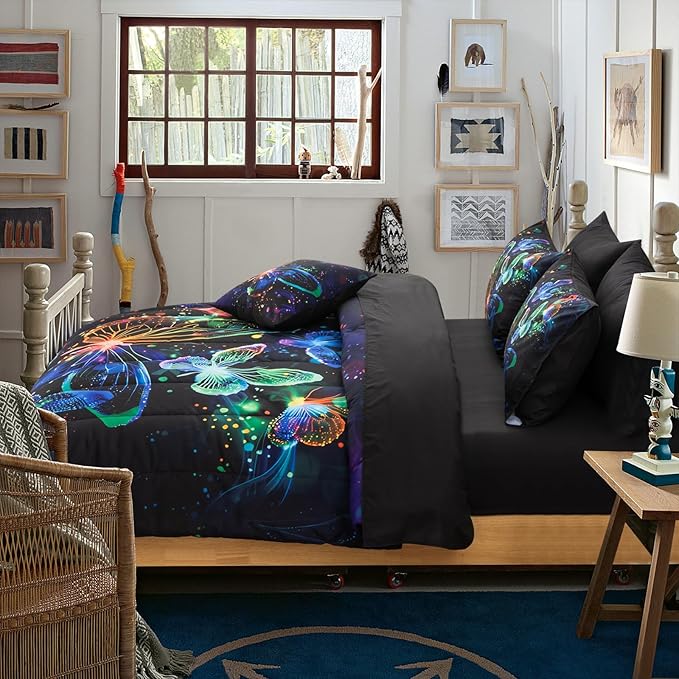 A Nice Night Galaxy Bedding Sets,3D Butterfly Flying in Space Printed,Like Glitter Butterflies 6pcs Bed in a Bag Full Comforter Set, for Girls Boys Kids Teens