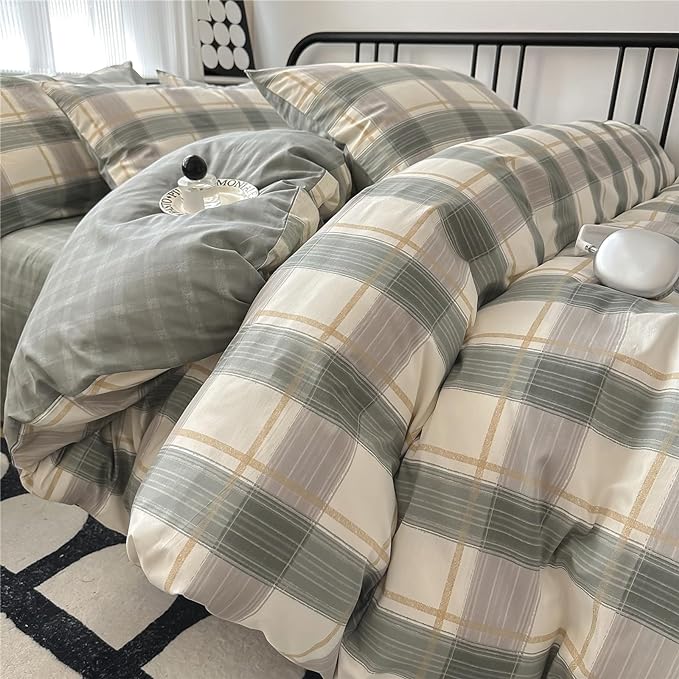 Plaid King Comforter Set Geometric Plaid Grid Comforter Set Fluffy Microfiber Bedding Comforter Farmhouse Checkered Comforter Set for All Season 3 Piece Plaid Bedding Comforter Set King Size Bed Set