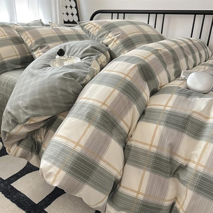 LifeTB Green Plaid Duvet Cover Twin Soft Cotton Grid Plaid Bedding Set Geometric Checkered Gingham Comforter Cover for Men Boys Modern Style Plaid Comforter Cover 1 Duvet Cover with 2 Pillowcases