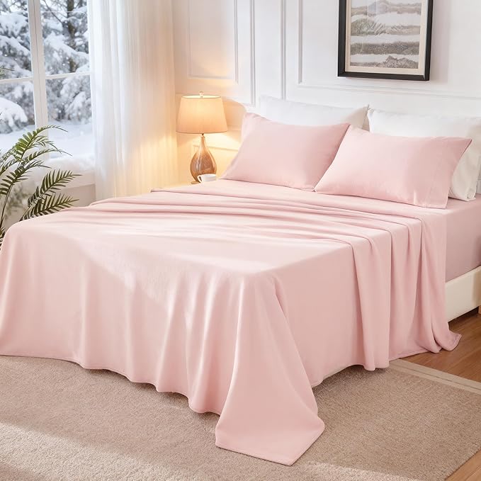 Love's cabin Fleece Twin Sheet Set - 3 Pcs Pink Super Soft Plush Polar Fleece Bed Sheets Set with 16" Deep Pocket,Cozy Warmth for Cold Season(1 Flat Sheet,1 Fitted Sheet,1 Pillow Case)
