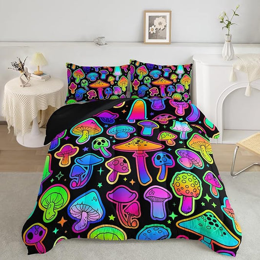 Mushroom Comforter Set Kids Bedding Set Full,3Pcs Colorful Soft Black Gradient Mushroom Quilt Set Bed in A Bag with 1 Comforter 2 Pillowcases for Kids Boys Girls Teens Adults Room Decor All Season
