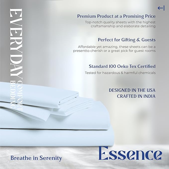 Mayfair Linen 100% Organic Cotton Sheets Queen Size - 4 PC Organic Cotton Queen Size Percale Weave Sheet Set, Soft, Cooling, Crisp & Breathable, 16" Deep Pocket Hotel Quality Bedding Set - Light Blue