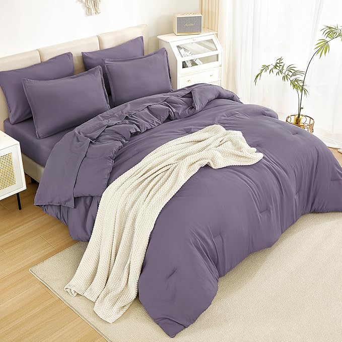 Litanika California King Comforter Set Grey Purple - 7 Pieces Bed in a Bag Cal King Bedding Comforter Sets, Plain Lightweight Bed Set with Comforter, Sheets, Pillowcases & Shams
