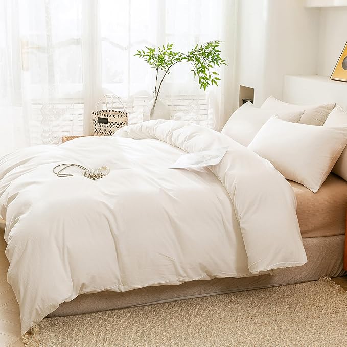 ECOCOTT White Duvet Cover Full Size, 100% Washed Cotton 1 Duvet Cover with Zipper and 2 Pillowcases, Ultra Soft and Easy Care Breathable Bedding Set (White, Full)