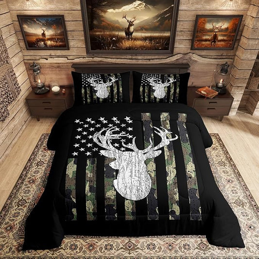 American Flag Comforter Set,Deer Hunting Down Comforter Army Green Military Camo Bedding Set Full For Boys Teens Kids Man,Western Farmhouse Stars Stripes Bedding Quilt Set Bedroom Decor 3 Pcs