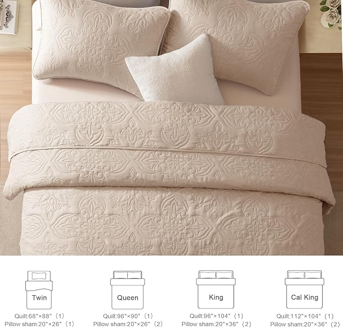 Whale Flotilla Soft Queen Quilt Bedding Set for All Seasons, Vintage Damask Ultrasonic Full Size Quilts Set, Lightweight Reversible Bedspread, Coverlet, Bed Cover with 2 Pillow Shams, Brich Beige