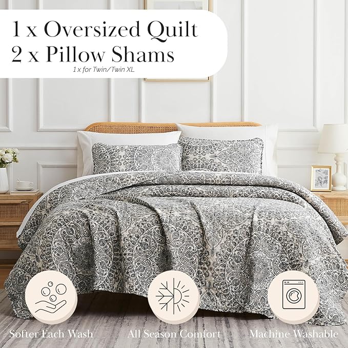 Southshore Fine Living, Inc. Ashanti Collection Oversized Quilt Queen Bedding Set Lightweight, Soft Coverlet Bedspread 3-Piece with Two Matching Shams (98 in Wide x 98 in Long), Full/Queen, Grey