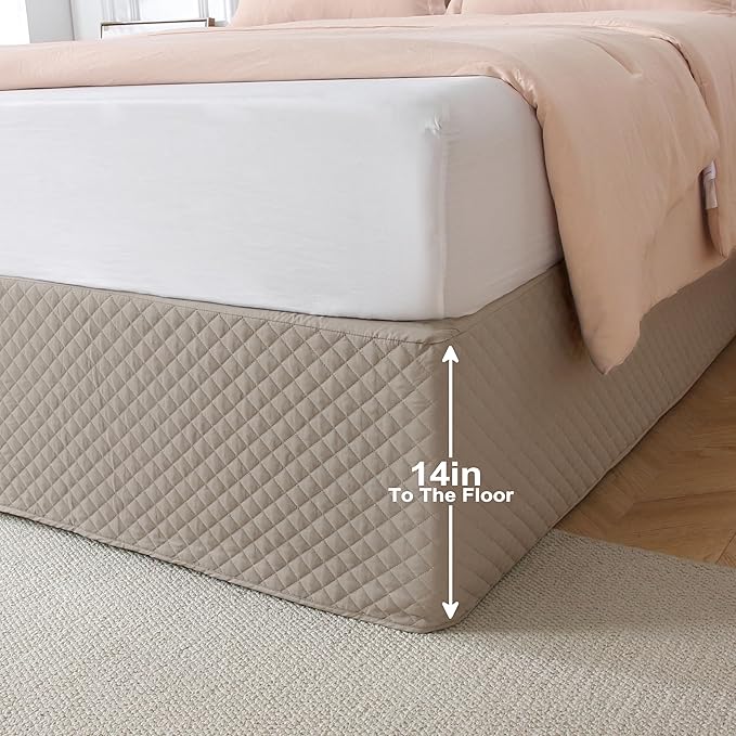 Queen Size Khaki Bed Skirt with 14-Inch Drop, Easy Fit Wrap-Around Cover for Bed, Wrinkle-Free and Fade-Resistant Box Spring Cover. (Linen Grid, Queen)