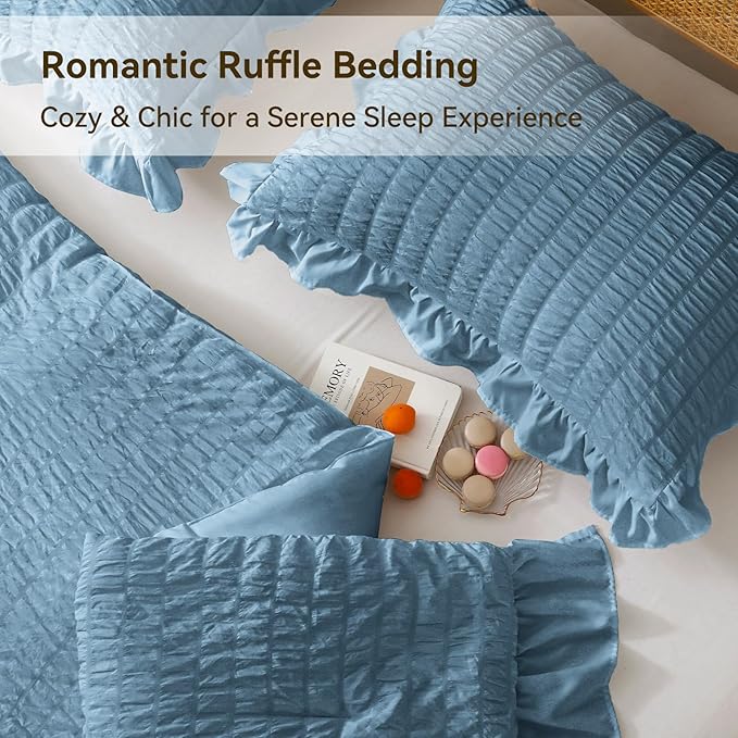 JOLLYVOGUE King Size Comforter Set, 3 Pieces Sea Blue Seersucker Comforters King Size, Lightweight & Fluffy Bedding Sets King for All Season with 1 Ruffle Comforter and 2 Ruffle Pillowshams