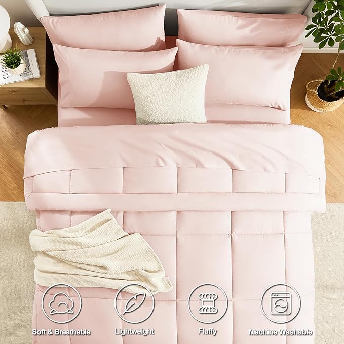 CozyLux Oversized King Comforter Sets Blush Pink, 7 Pieces Bed in a Bag, Ultra-Soft All Season Bedding Sets with Stitch Quilted Comforter, Flat Sheet, Fitted Sheet, Pillowcases, Blush Pink